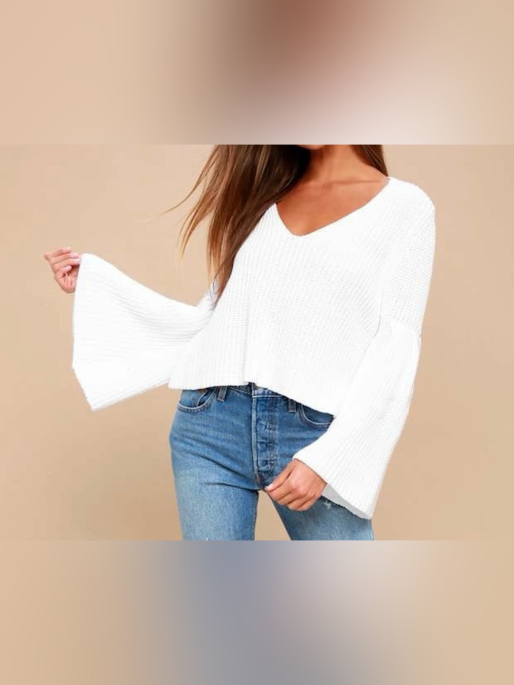 Free People White V-Neck Ribbed Bell Sleeve Cotton Sweater - Size S
